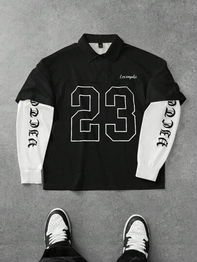 Manfinity Campus Court 男士彩色块字母和数字印花网眼长袖 Polo 衫，带数字针织衫，适合秋季