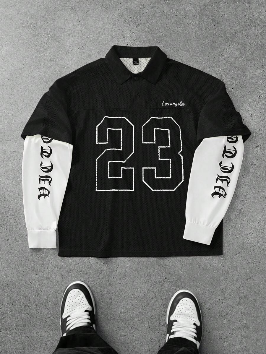 Manfinity Campus Court Aesthetic Post--Men's Color Block Letter & Number Print Mesh Polo Shirt With Long Sleeves, Number Jersey, For Fall - Black - View 1