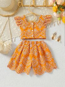 SHEIN 2pcs/Set Girls Summer Outfit, Sleeveless Ruffle Trim Crop Top With Belt - Orange - View 2