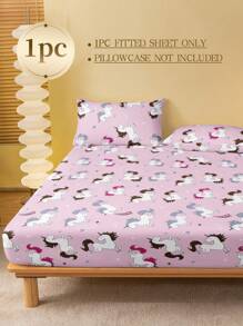 1 pieza Sábana ajustada con estampado de unicornio rosa, protector de colchón, funda de colchón con corazón de San Valentín, suave y transpirable, se ajusta a camas individuales, dobles, queen y king, diseño de bolsillo profundo, textil para el hogar, adecuado para ropa de cama de dormitorio - Rosa - Ver 2