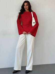 Aloruh 女士船领喇叭袖褶边短款杏色衬衫，适合办公室穿着 - 紅色 - 查看 4