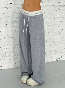 SHEIN EZwear Quần dài thể thao ống rộng phối màu cạp rút cho nữ - Màu Xám nhạt - Xem 4