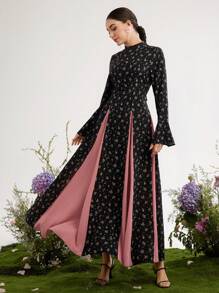 Graceveil 女式小巧碎花拼布撞色束腰喇叭袖立领连衣裙 - 黑色 - 查看 7