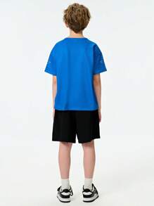 SHEIN 1pc Tween Boy Crew Neck Short Sleeve T-Shirt,Navy Blue,Summer,Streetwear,School Casual Loose Letter Print Soft Comfortable Digital Star Design Tee - Blue - View 2