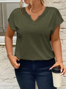 SHEIN Frenchy Summer Lace Splicing Vacation Plus Size V-Neck Tee With Cut-Out Details - Green - View 6