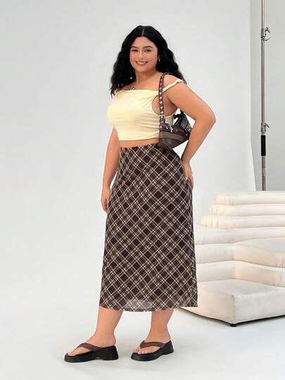 SHEIN EZwear 大码女式格子网眼 A 字形长裙，高腰时尚