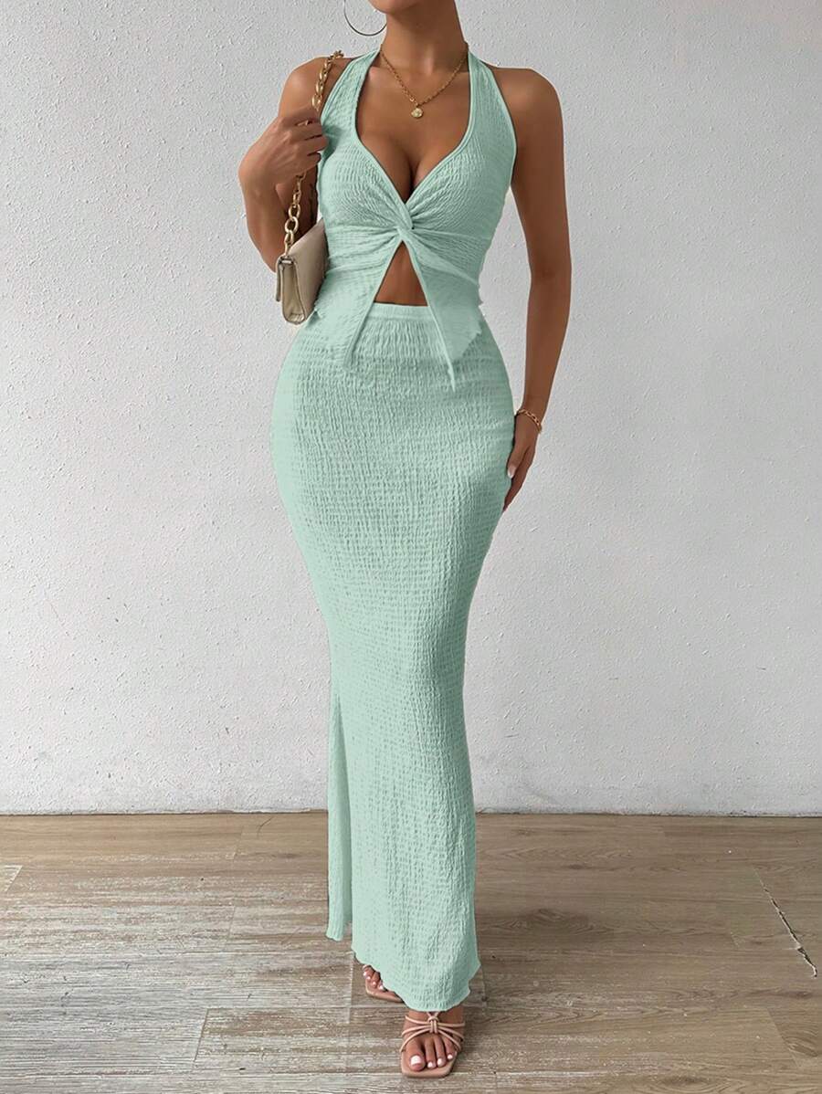 Rafferiza 2pcs/Set Twist Knot Open Back Halter Top & Mermaid Hem Skirt - Mint Green - View 1