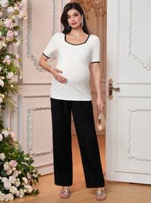 SHEIN 孕妇撞色镶边菱形领口短袖休闲 T 恤 - 白色 - 查看 4