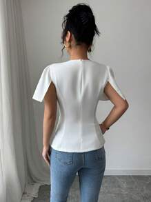 Elenzga Standard Size Women Solid Color Round Neck Rhinestone Decor Fitted Short Sleeve Blouse - White - View 2