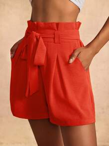 Slaydiva 新款休闲系带侧袋橙色短裤，简约百搭，春夏 - 橘色 - 查看 1