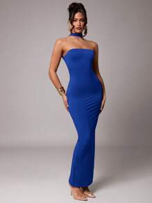 Silquee Women's Solid Red Stretchy Knit Fabric Double Layer Halter Backless Dress, Suitable For Cocktail Party, Romantic Date, Formal Party, Wedding, Bridesmaid, Evening Gown, Halloween Costume, Christmas Holiday, Valentine's Day, Everyday Wear