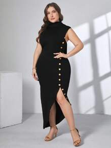 SHEIN Clasi Vestido con abertura lateral ceñido para mujeres de talla grande con decoración de botones y bufanda