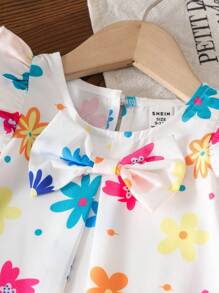 女婴度假休闲花卉印花盖袖上衣和短裤套装 - 彩色 - 查看 3