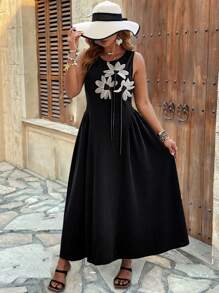 Franclia Plus Size Boho Sleeveless Bustline Waist Fitted Dress, Black Retro Elegant Gangster Wife Style Dress For Commuting And Casual Outings, For Summer