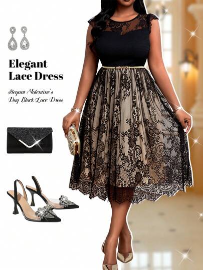 Fleurora Spring And Summer Elegant Valentine's Day Black Lace Round Neck Flared Cape Sleeve Midi Plus Size Dresses