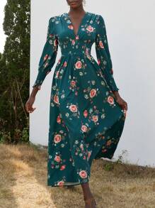 Aveloria Modichic 浪漫印花深 V 领收腰修身长袖连衣裙，优雅法式风格