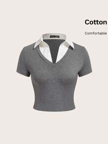 SHEIN EZwear Camiseta 2 en 1 de cuello en contraste - Gris - Ver 1