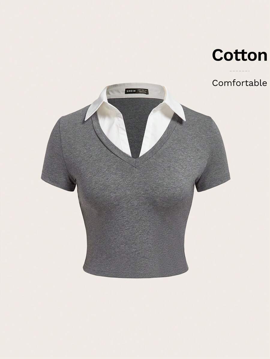SHEIN EZwear Camiseta 2 en 1 de cuello en contraste - Gris - Ver 1