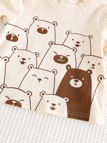 Cozy Pixies 2 stuks Baby Boy Cartoon Bear Patroon Gebreide Zachte Ronde Hals Korte Mouw Pullover Top En Effen Kleur Elastische Taille Shorts Set