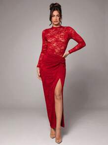 Silquee 女士优雅性感浪漫纯色红色、酒红色、勃艮第红、基本蕾丝甜美露背长袖紧身衣，适合姐妹聚会、情人节、晚上外出 - 紅色 - 查看 9