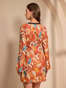 SHEIN Unity 女士数码印花蕾丝边装饰迷你连衣裙 - 橘色 - 查看 2
