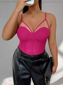 Firerie Plus Size Adjustable Brassiere & Fish Bone Design Leotard, Elegant Work & Commute, Knowledgeable High-End Site, Sophisticated Afternoon Tea, Slightly Sexy For Date, Concert, Party, INS Style - Hot Pink - View 1