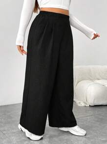 SHEIN Essnce Plus Size Women's Spring And Summer Fashion Casual Loose Daily Comfortable Retro Black Elastic Waist Wide Leg Pants,Women Bottom,Work Pants,Fall,Old Money,Vintage Pants