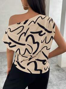 SHEIN Privé Blusa asimétrica con cuello estampado para mujer - Caqui - Ver 2