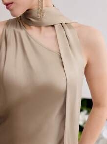 MOTF PREMIUM SILK ASYMMETRICAL NECK TOP - Khaki - View 2
