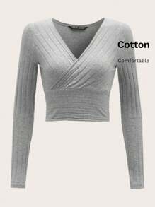 SHEIN EZwear 深v領羅紋針織緊身T恤 - 淺灰色 - 查看 5