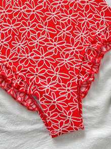 Swim Mod Jacquard Knit Scoop Neck Spaghetti Strap Tankini Swimsuit For Women, Beach Summer Outfit - Red and White - View 4