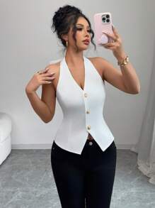 Elenzga 纯色围脖领口系带蝴蝶结优雅女式衬衫 - 白色 - 查看 3