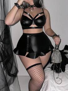 AltCore Bộ 5 chiếc/Bộ váy xếp ly viền ren phía trước bằng da PU gợi cảm kèm tất lưới - màu đen - Xem 3