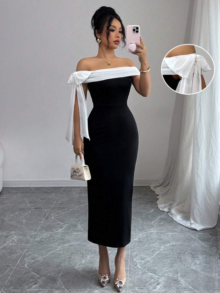 Rafferiza 女士蝴蝶结装饰优雅修身黑色露肩长裙 - 黑色 - 查看 1