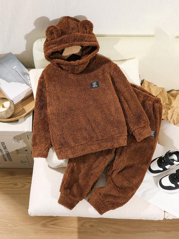 SHEIN 2pcs Set Kids Young Boy Casual Cozy Style Reversible Fluffy Bear Ear Patch Hoodie & Sweatpants Suit, Suitable For Commuting, School, Home, Leisure, Street Fashion, Party, Outdoor Play, Fleece, Thickened