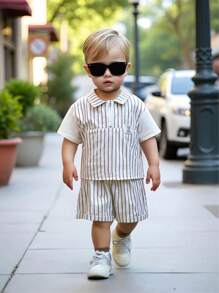 SHEIN 男婴/女婴彩色条纹双面领二合一短袖上衣和松紧腰短裤两件套，夏季休闲时尚，适合街头服饰、家居， - 彩色 - 查看 6