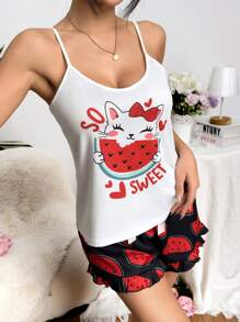 Cute Summer Watermelon Color Contrast Spaghetti Strap Women Pajama Sets - Multicolor - View 6