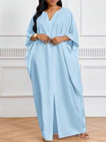 SHEIN Lady 节日连衣裙大码短袖女士长袍宽松垂坠节日新娘送礼会礼服海滩女士高腰修身长裙 - 淺藍色 - 查看 1