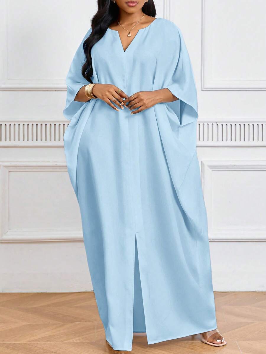 SHEIN Lady 节日连衣裙大码短袖女士长袍宽松垂坠节日新娘送礼会礼服海滩女士高腰修身长裙 - 淺藍色 - 查看 1