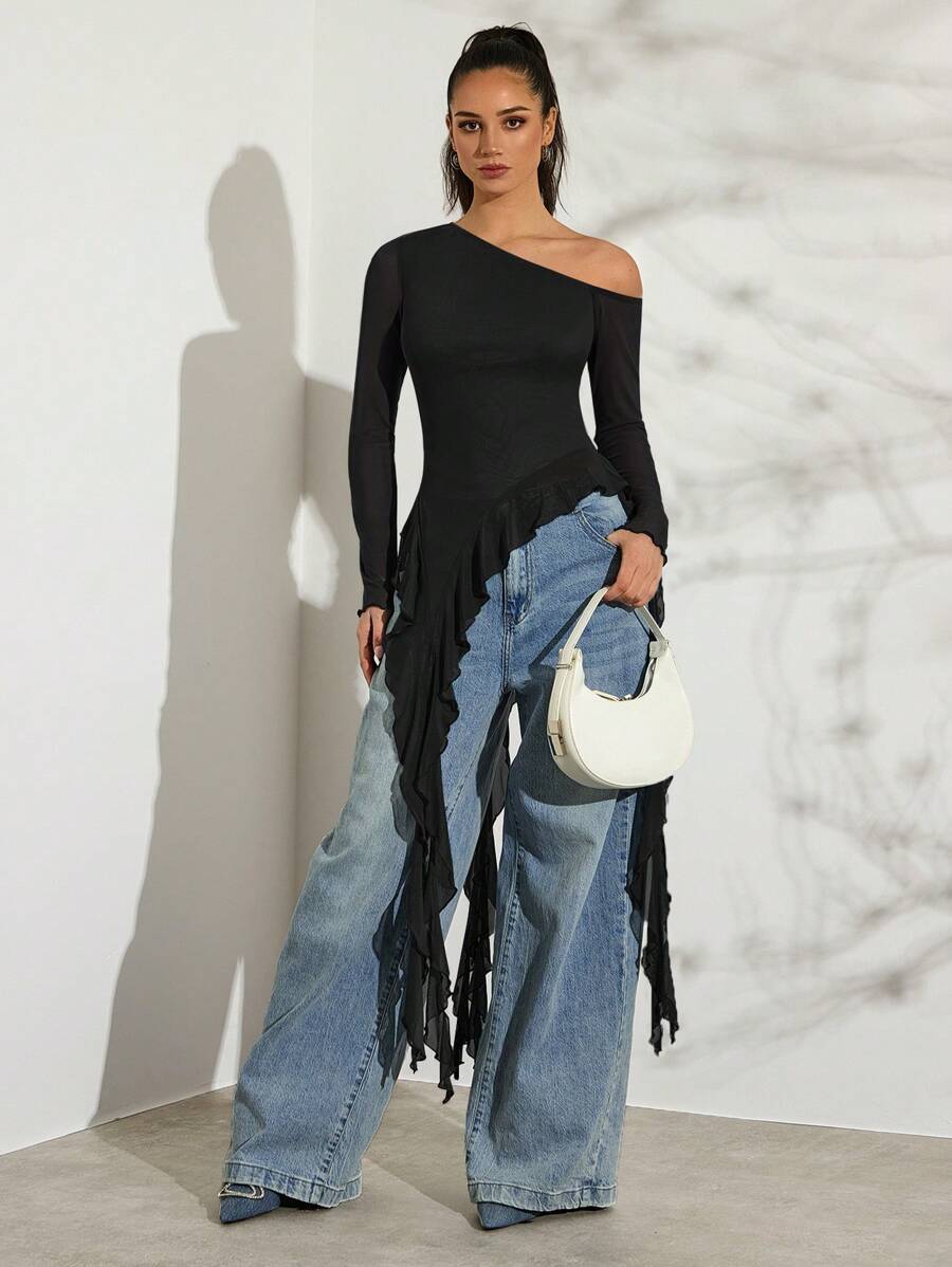 Glamine Romantic Spring Asymmetrical Jellyfish Ribbon Ruffled Hem Asymmetrical Sloping Shoulder Short Sleeve Halloween Solid Color Tight Elastic Mesh Women's Halloween T-Shir Fall Cloth For Women, Christmas - Black - View 1