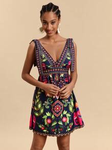 Travachic Robe mini à encolure en V avec épaules dénudées imprimée, tissée pour femmes