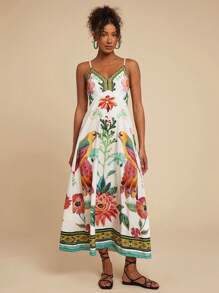 Travachic Tropical Print Spaghetti Strap Dress For Beach Vacation,Sun Dress,Tropical Vacation, Bohemian Outfits, Ibiza Outfits, Western Style - Multicolor - View 5