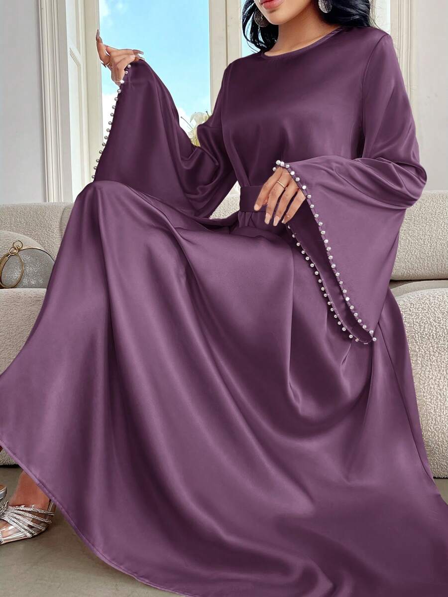 Al Najma Váy dài tay loe màu trơn thanh lịch dành cho nữ, mùa xuân/hè, váy chữ A thanh lịch khiêm tốn theo phong cách Ả Rập, dành cho tiệc tối/khách dự tiệc cưới/kỷ niệm/mặc hàng ngày - Màu tím - Xem 1
