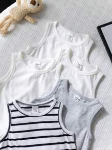 5件套新生儿男女宝宝夏季可爱针织条纹无袖连体衣，室内/室外基础叠穿套装 - 彩色 - 查看 6