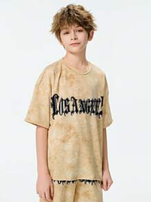 SHEIN New Arrival Boys Hip Hop Streetwear Slogan Print Round Neck Short Sleeve T-Shirt And Shorts Set - Mustard Yellow - View 5