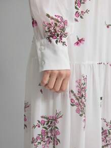 Ontre Vestido elegante de gasa rosa con estampado floral y mangas de farol románticas