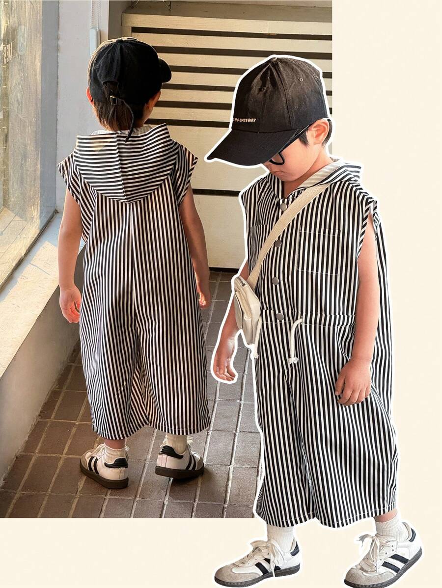 SHEIN Combinaison à capuche rayée noire et blanche style coréen décontracté d'été pour bébé garçon nouveau-né. Combinaison rayée pour enfants - Multicolore - Voir 1