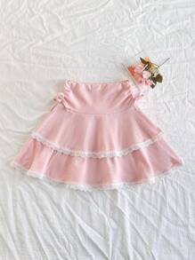 SHEIN 女童田园优雅公主针织提花蕾丝蛋糕裙，春夏 - 粉色 - 查看 3