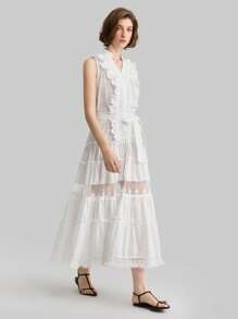 Ontre Elegant Solid Color Ruffle Hem Mesh Insert Dress Vacation Outfits Woman BOHO Embroidered - White - View 1