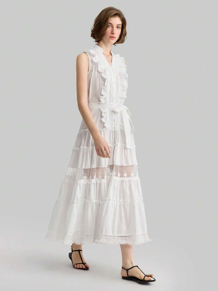 Ontre Elegant Solid Color Ruffle Hem Mesh Insert Dress Vacation Outfits Woman BOHO Embroidered - White - View 1